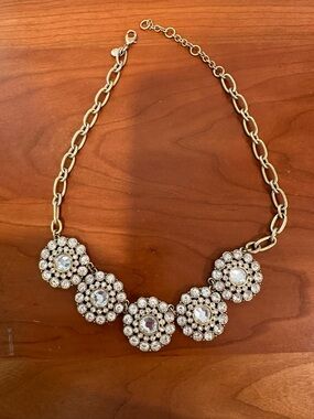 J Crew Gold-Tone Crystal Floral Statement Necklace - Clear Crystals